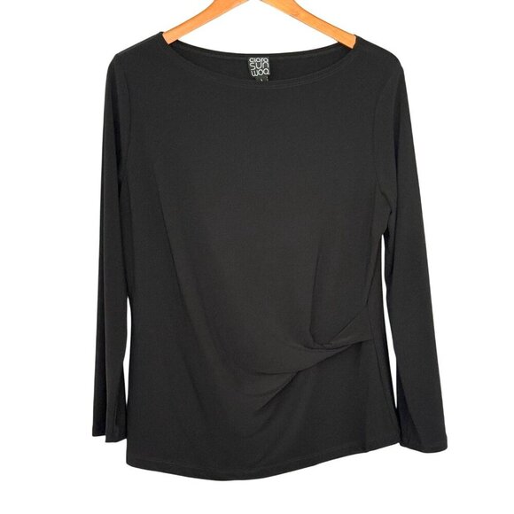 Clara Sun Woo Black Long Sleeve Top Twist Accent Slinky Knit Capsule Soft Size L - Picture 1 of 8